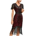 thumbnail image 4 of QUNYINEY Short Sleeve Spring Dresses for Women 2025 Dressy Sequin Cocktail Dress V Neck Vintage Tassel Midi Party Dress, 4 of 4