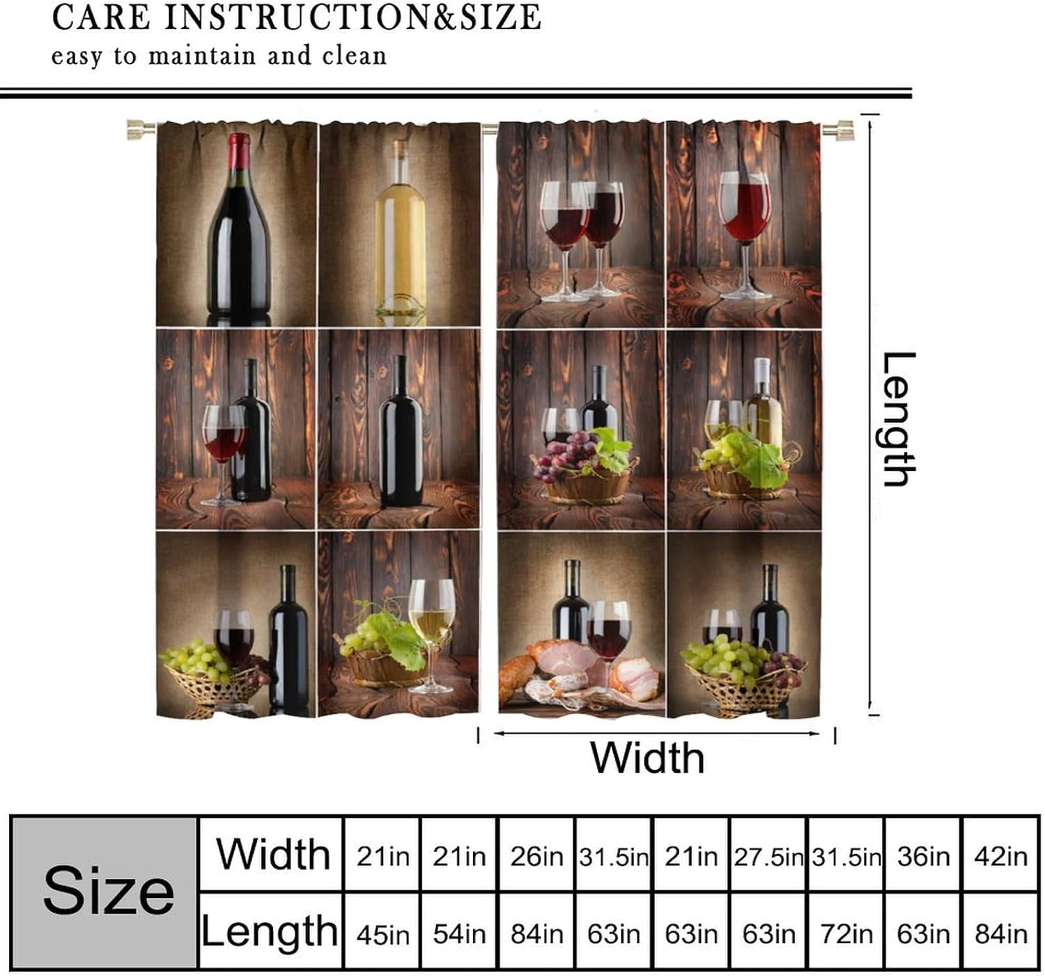 Wine Curtains Drink Themed Collage Wooden Backdrop Grapes and Meat Rustic Country Theme Curtain with Rod Pocket for Bedroom Living Room Drapes Window Treatments 2 Panels Set 42" W X 84" L