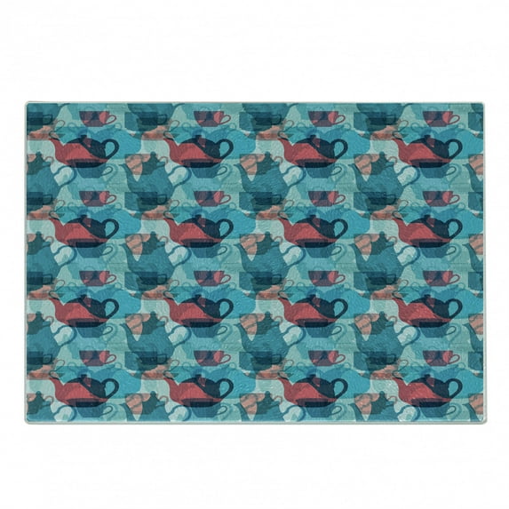 Tea Party Cutting Board, Crockery Composition Abstract Overlapping Silhouettes Teapot and Cups, Decorative Tempered Glass Cutting and Serving Board, Small Size, Dark Coral Pale Blue, by Ambesonne