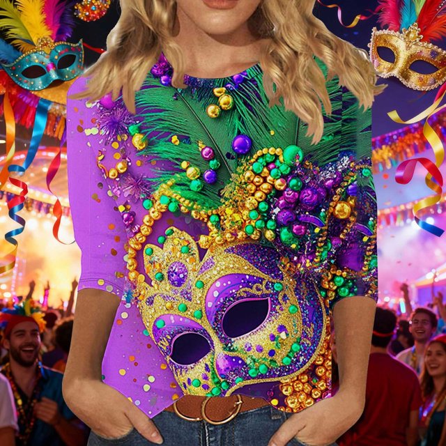 RKSTN Mardi Gras 3/4 Length Sleeve Womens Tops Oversized Crewneck Carnival Graphic Printed Three Quarter Sleeve T Shirt Women Casual Round Neck Funny Tuesday Carnival Party Loose Short Sleeve Shirt
