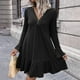 thumbnail image 2 of Vestido de manga larga con volantes y botones de color sólido con cuello en V para primavera y otoño para mujer Pompotops  hdfakjf7933, 2 of 6