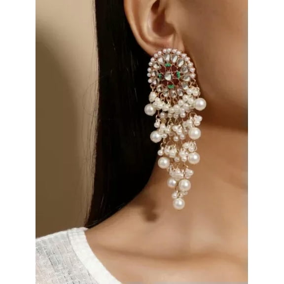 HOOUN Long Pearl Chandelier Stud Earrings Tassel Fringe Drop Dangle White Pearls New