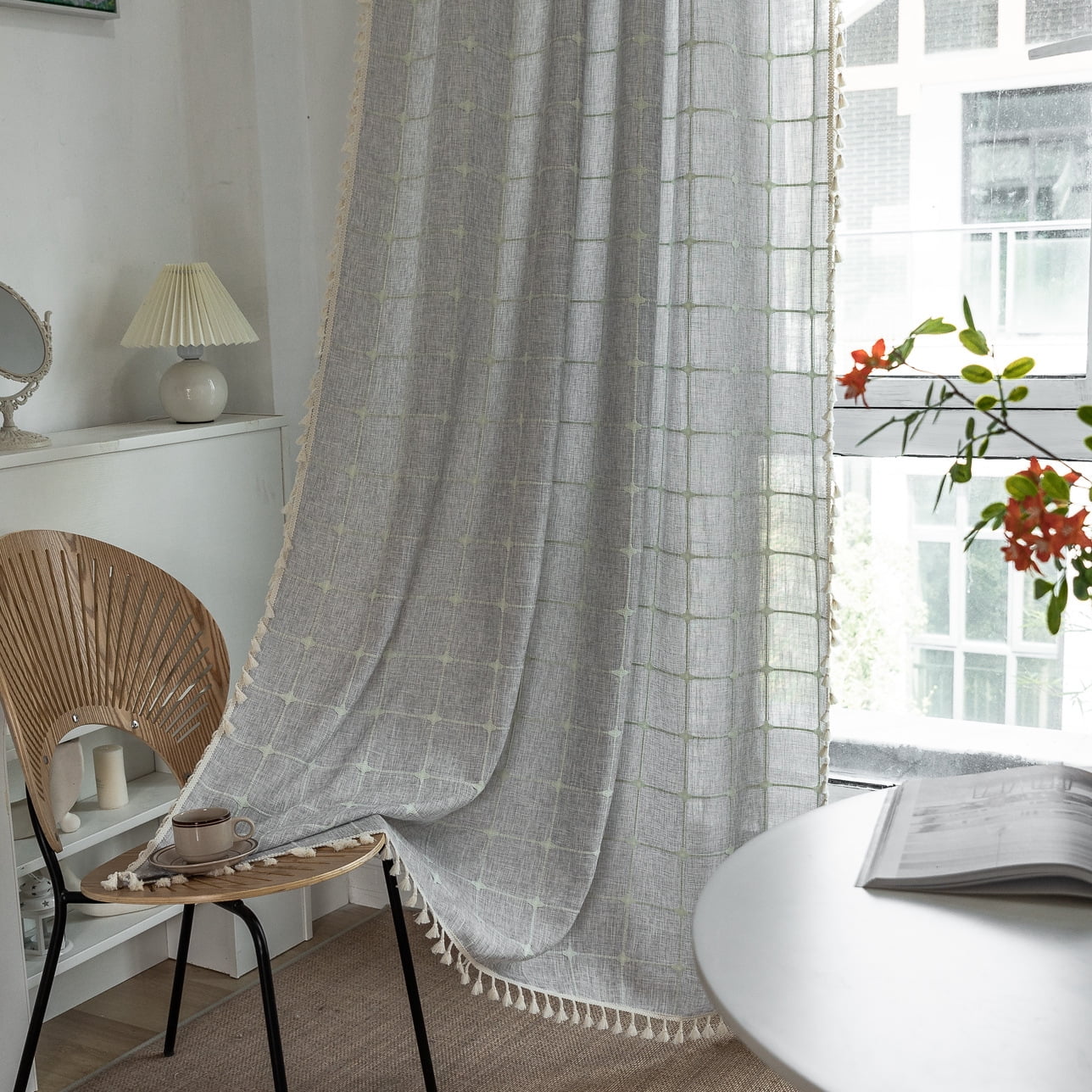 AIGIA Farmhouse Semi-Blackout Window Curtain 1 Panel Cotton Linen Curtains with Tassel Rod Pocket Window Drapes for Dining Living Bedroom