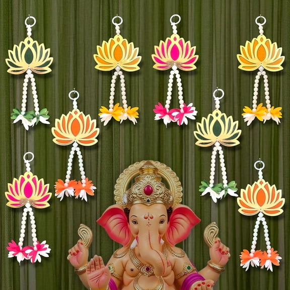 Decorative Pack of 8 Multicolor Lotus Hanging for Door, 8 Inch Pearl & Flower Hanging, Traditional Indian Festive Home Entrance Decor for Diwali, Weddings & Pooja