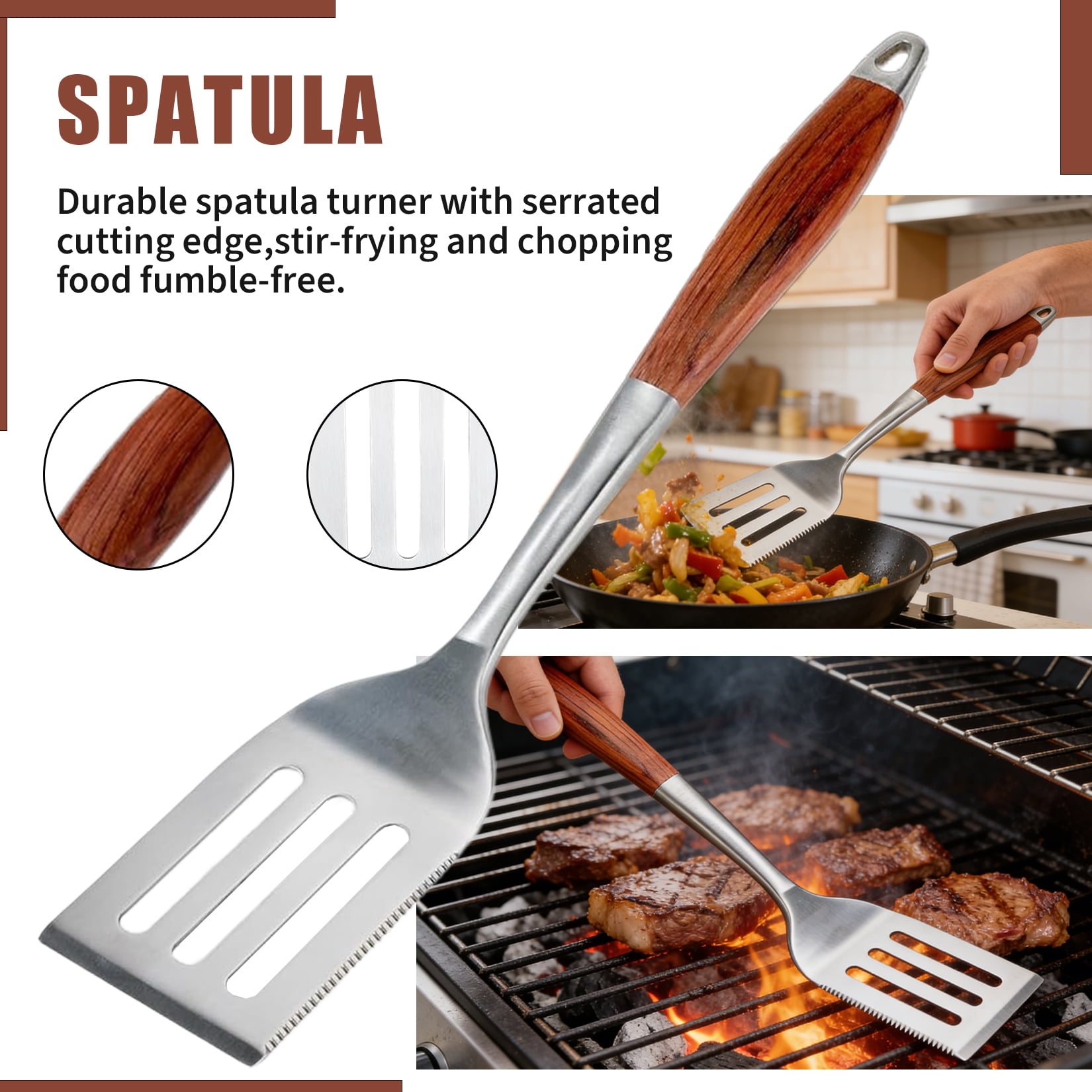 4PCS BBQ Grill Tools Set Stainless Steel Heavy Duty Grilling Accessories Kit with Spatula Tongs Fork Grill Brush Wooden Handle for Outdoor Camping Backyard Barbecue Cooking