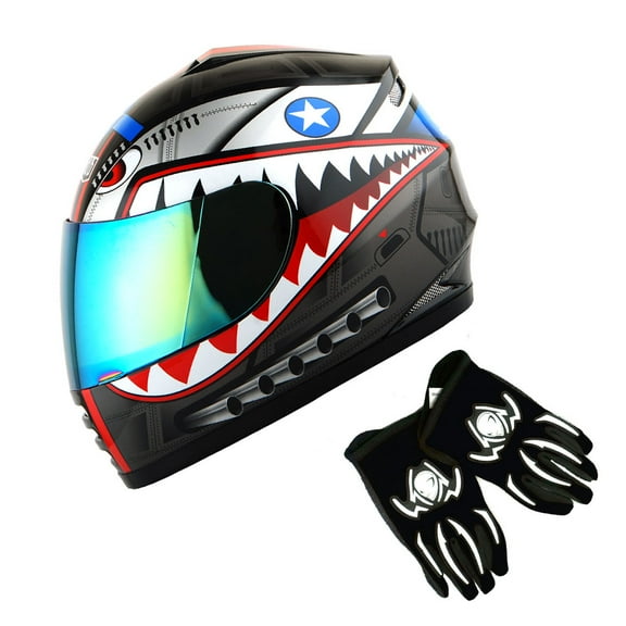 1Storm Youth Kids Motorcycle Full Face Helmet B15 Street Bike BMX MX Shark Black MG Youth Glove Bundle