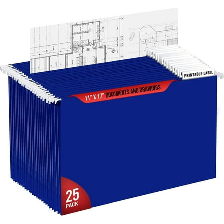 Performore 11X17 Hanging File Folders 1/5 Cut Adjustable Clear Plastic Tabs (25 Pack) Includes White Metal Rod Hangers Plastic Label Tabs & Label Cards
