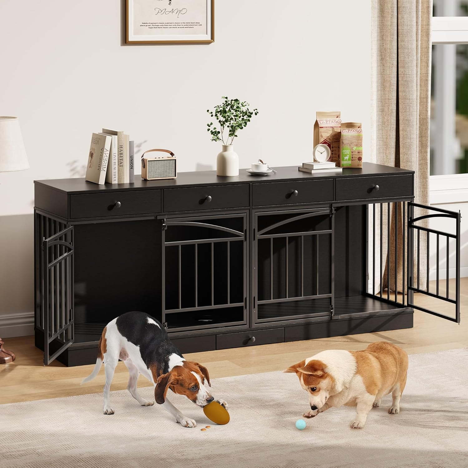 IdealHouse Double Dog Crate Furniture for 2 Dogs, Indoor Pet Kennel TV Stand with 4 Storage Drawers & Feeding Bowls, for Small/Medium Dogs, Black