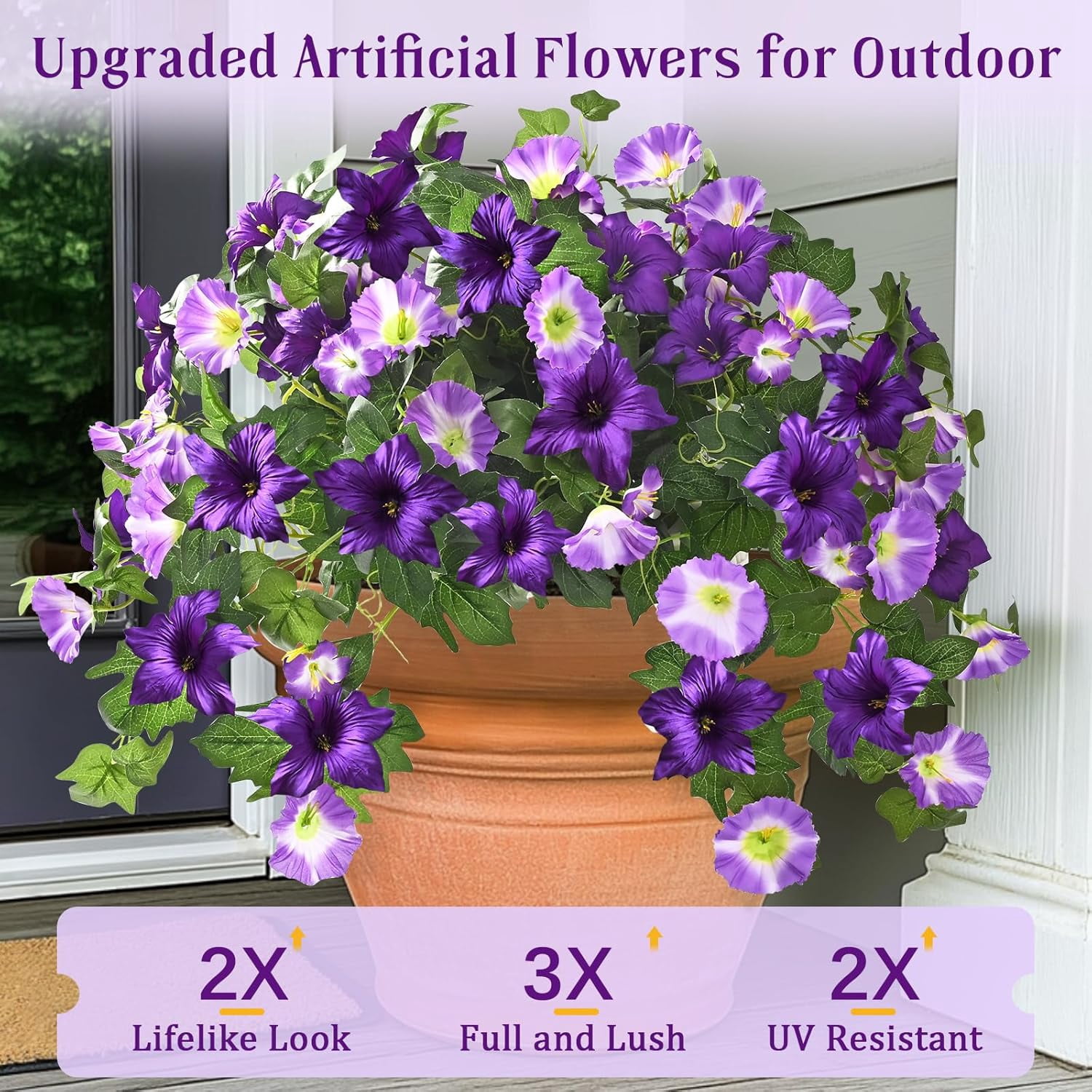 Yastouay Artificial Flowers for Outdoors, 2PCS Artificial Petunias UV Resistant Fake Outdoor Flowers, Realistic Faux Flowers Fake Silk Petunias for Outside Garden Porch Patio Yard Decor, Purple