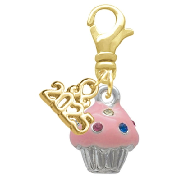 Delight Jewelry Silver-tone Small Pink Cupcake with Crystal Sprinkles - Gold-tone Clip on Charm with Mini Year 2025