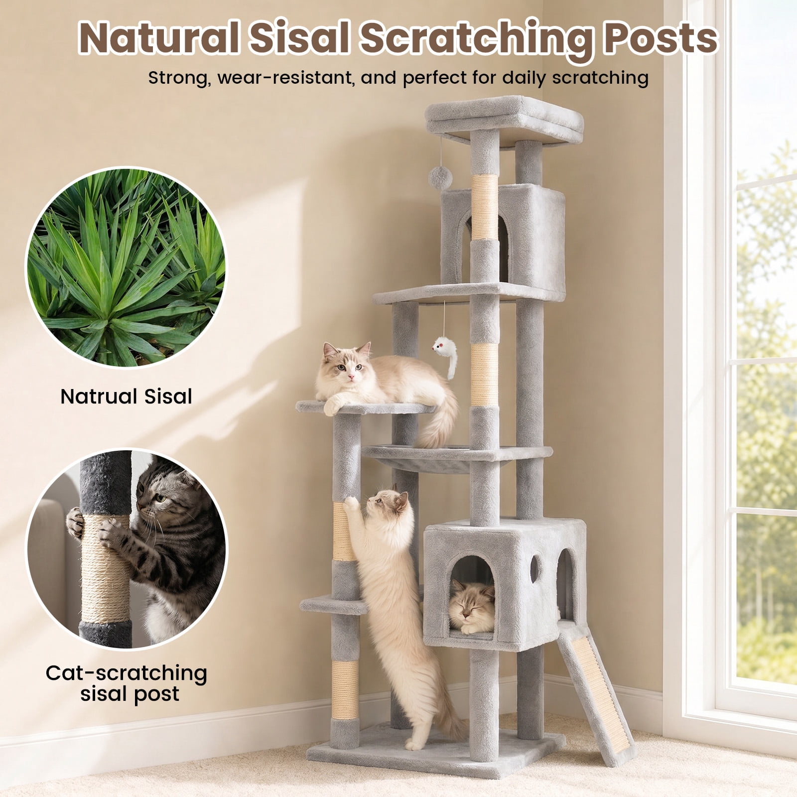 70" Cat Tree Tower, Heavy Duty Cat Tower for for Multiple Adult Cats, Multi-Level Tall Cat Tree with 2 Condos, Hammock and Scratching Post for Indoor Kitties, Light Grey