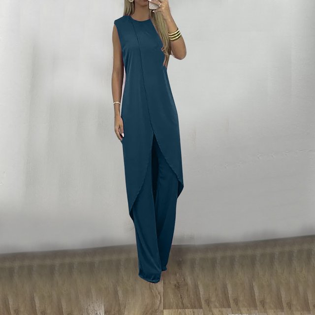 Ensembles Courts zanvins pour Femmes 2 Pcs Dames Été Mode Décontractée Ample Col Rond Sans Manches Jambe Grand Costume en Lin