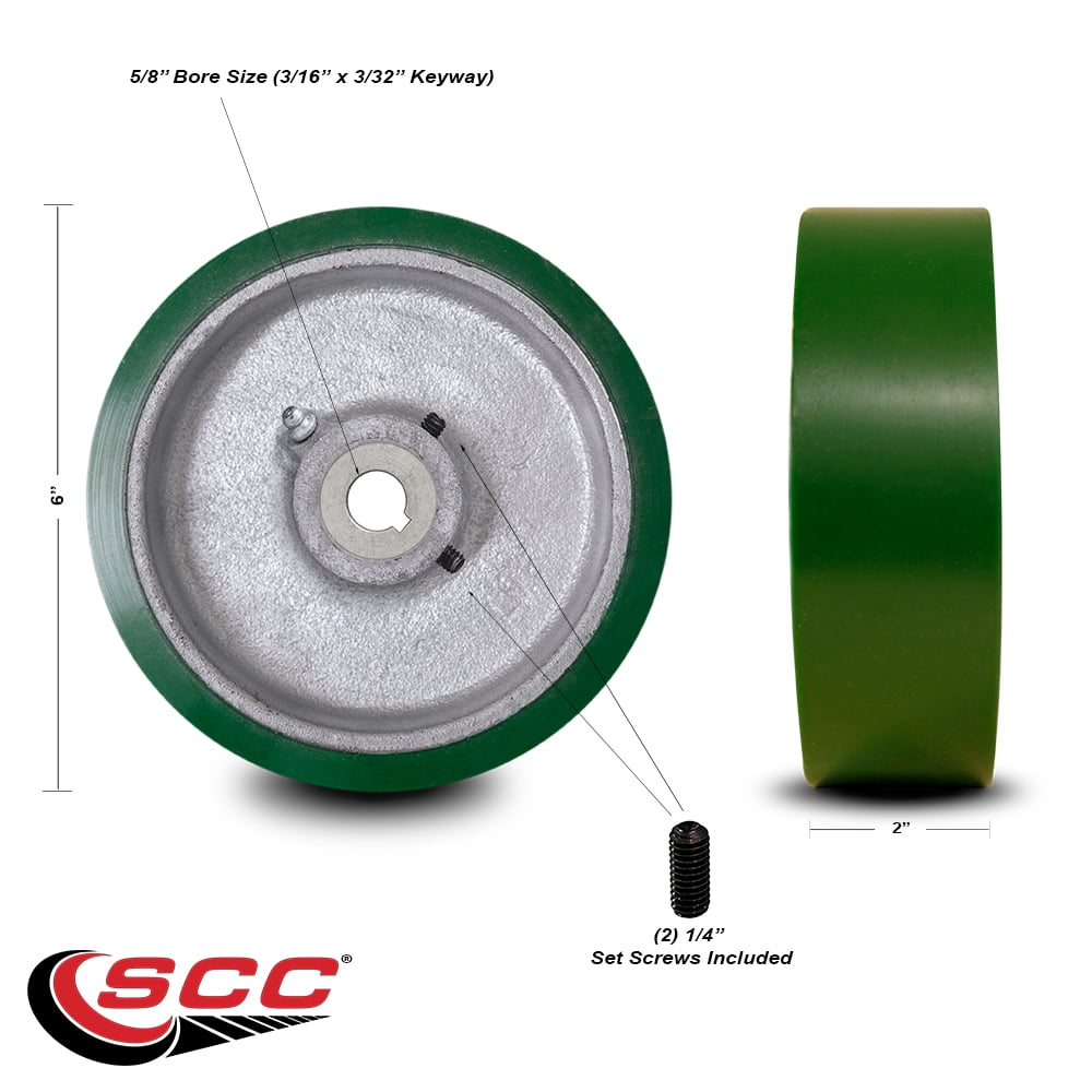 6" x 2" Green Polyurethane Tread on Cast Iron Keyed Drive Wheel 5/8