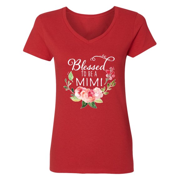 Inktastic Blessed to Be a Mimi with Pink Flowers Women's V-Neck T-Shirt