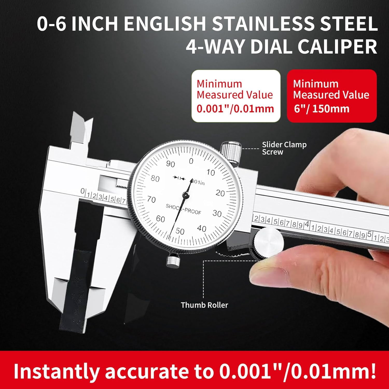 0-6 inch Dial Caliper Measuring Tool Imperial Stainless Steel 4-Way Dial Caliper 0.001" Shockproof with Plastic Case
