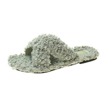 

Fluffy Toe Post Casual Slipper Winter Plush Slippers Cross Strap Flat Bottom For Women Green 37