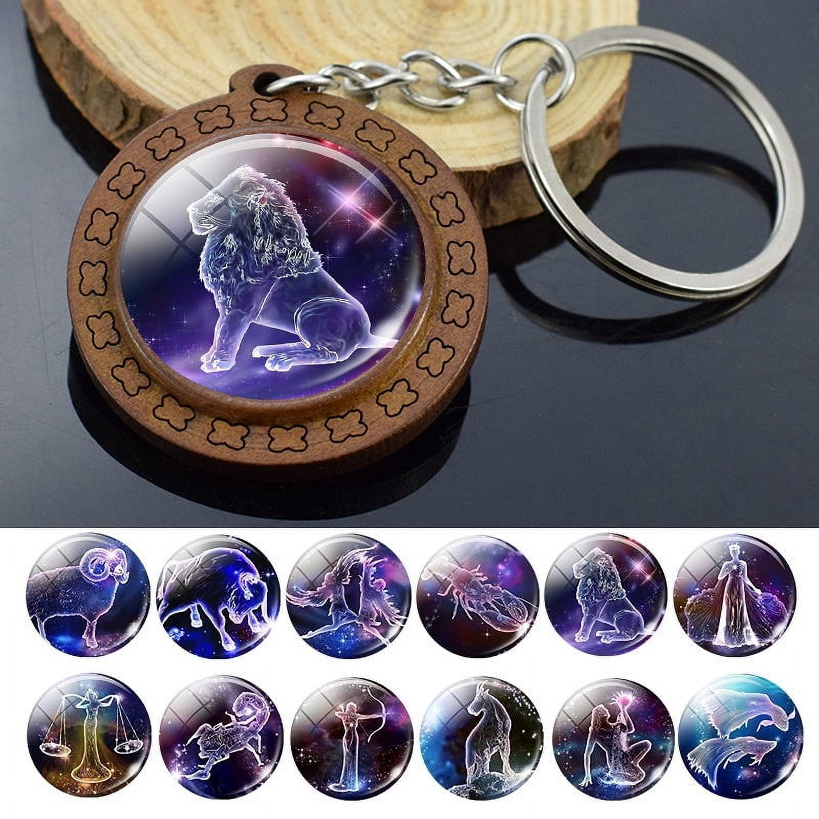 Wooden Carved Keychain Constellation Zodiac Sign Key Ring with Time Gem Pendant and Unique Glass Accents for Purse