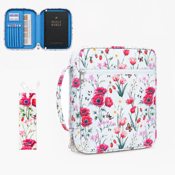 Bible Cover Case for Women, Floral Canvas Bible Bag with Handle, Zipper Pocket and Pen Loops for Church and Bible Study, 10.6 x 7.4 x 2.3 in