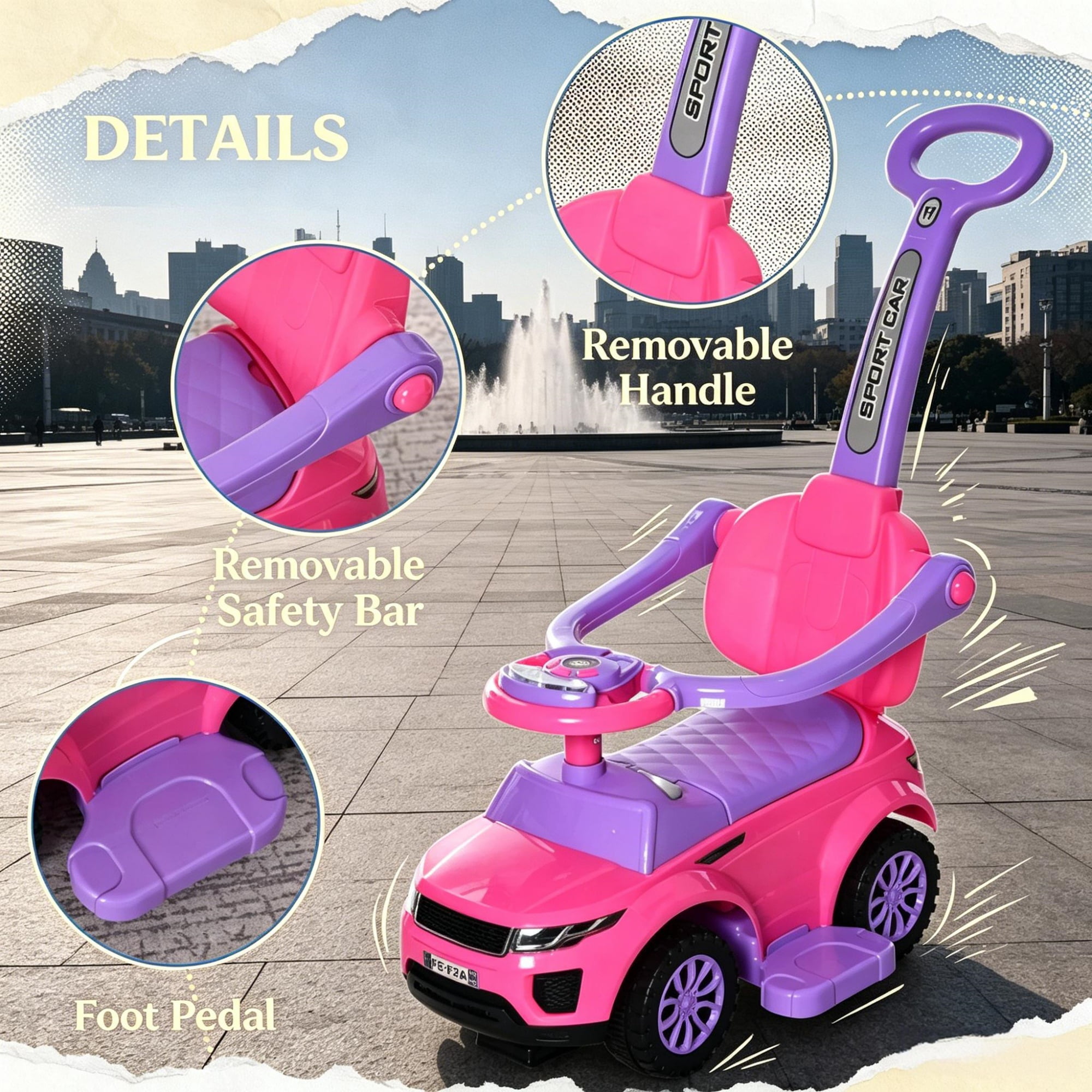 3-in-1 Kids Ride-On Push Car, Stroller Sliding Car with Horn, Music, Lights & Secure Bar, Toddler Toy for 18-36 Months Old, Pink