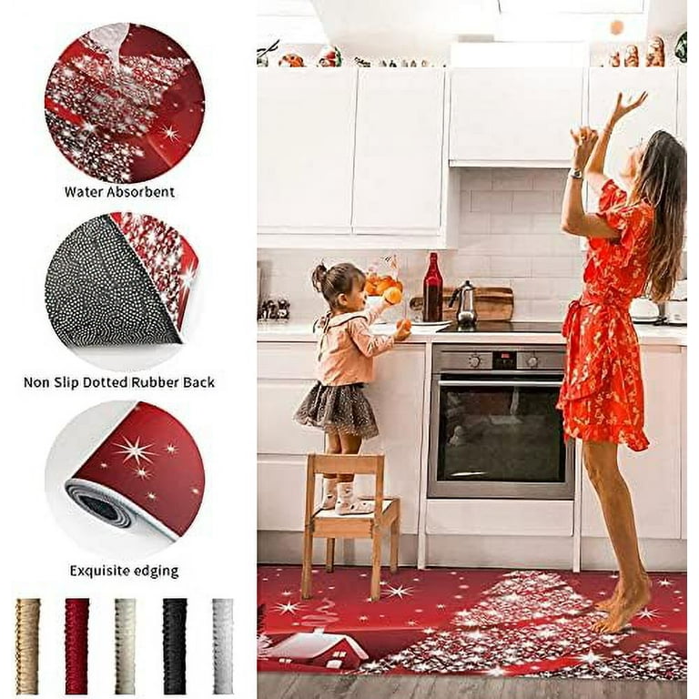 Kitchen Rug Sets 2 Piece Non-Slip Kitchen Mats and Rug Red Merry Christmas  Tree Bright Country Winter Farmhouse Decorative Area Runner Rubber Backing