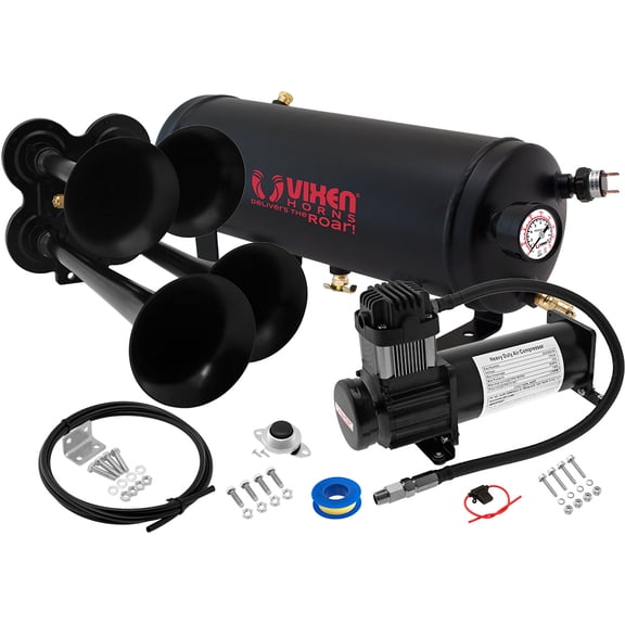 Vixen Horns Train Horn Kit for Trucks/Car/Semi. Complete Onboard System- 200psi Air Compressor, 1.5 Gallon Tank, 4 Trumpets. Super Loud dB. Fits Vehicles like Pickup/Jeep/RV/SUV 12v VXO8315B/4114B
