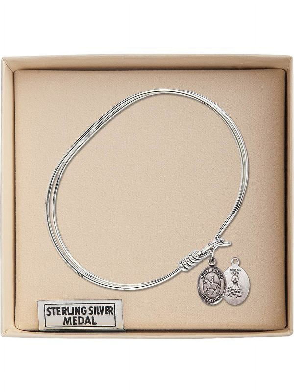 7 inch Oval Eye Hook Bangle Bracelet w/ St. Kateri/Equestrian in Sterling Silver