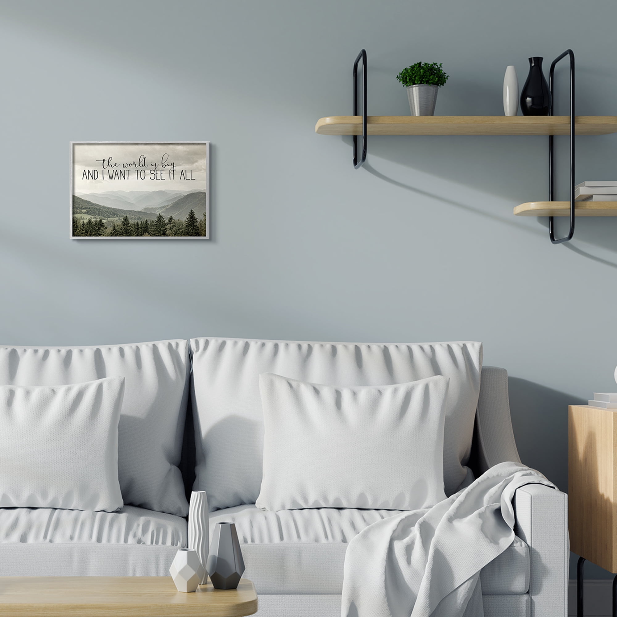 Stupell Industries See It All Phrase Forest Tree Mountain Range Inspirational Painting Gray Framed Art Print Wall Art, 11 x 14