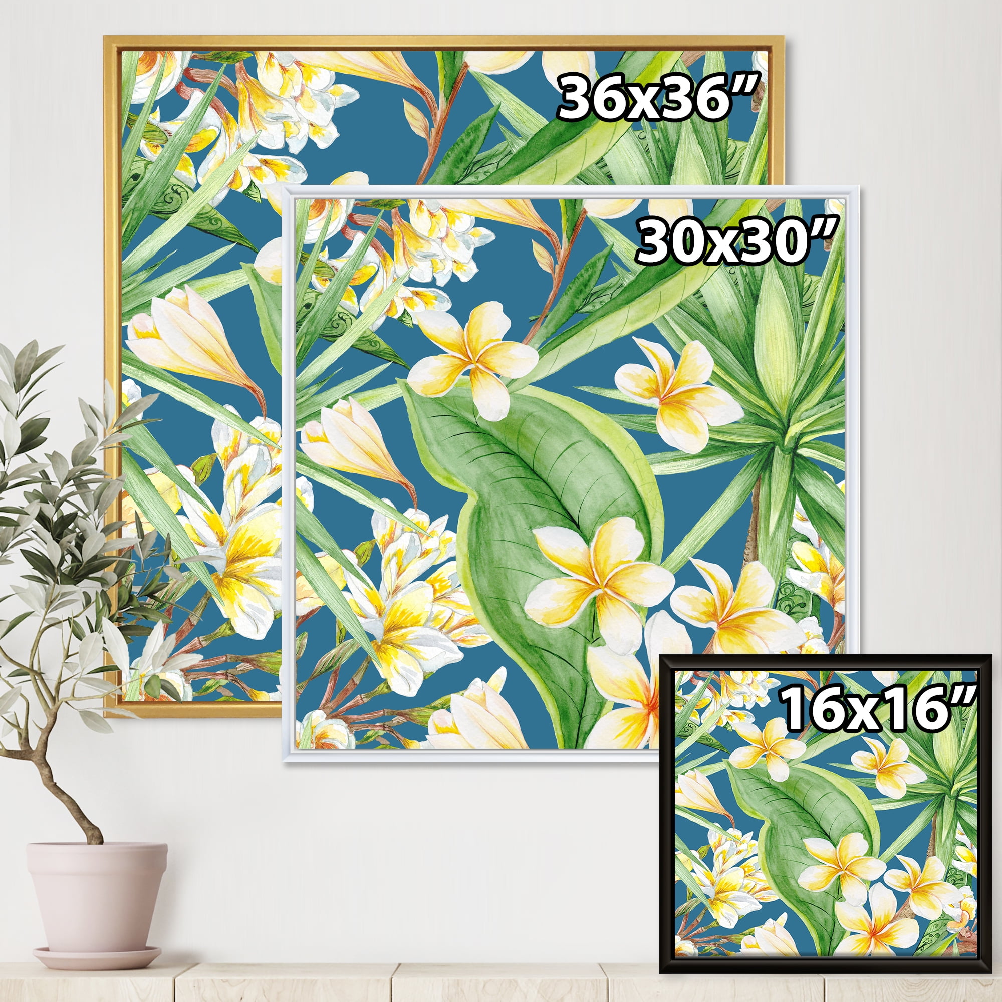 Designart 'Yellow Flowers and Tropical Foliage XV' Modern Framed Canvas Wall Art Print