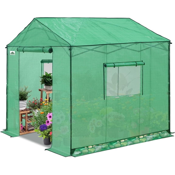 8x8 Portable Pop Up Greenhouse, Patented Center Lock Easy One Person Setup, Walk-in Outdoor Greenhouse with Gable Roof, Weight Bags, Zippered Doors & Windows, Green