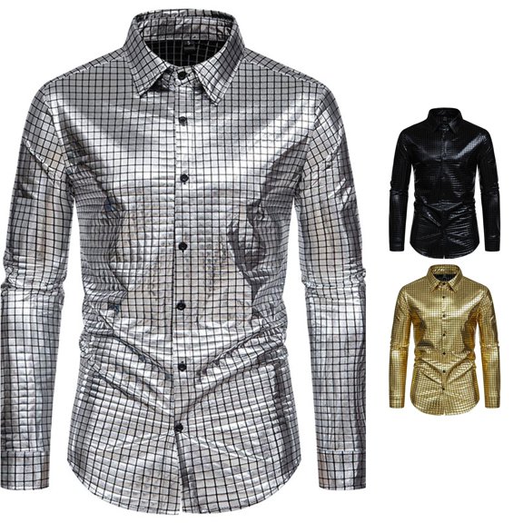 Men's Sequin Dress Shirt with Lapel Long Sleeve Button Down Bright Face T Shirt Silver M