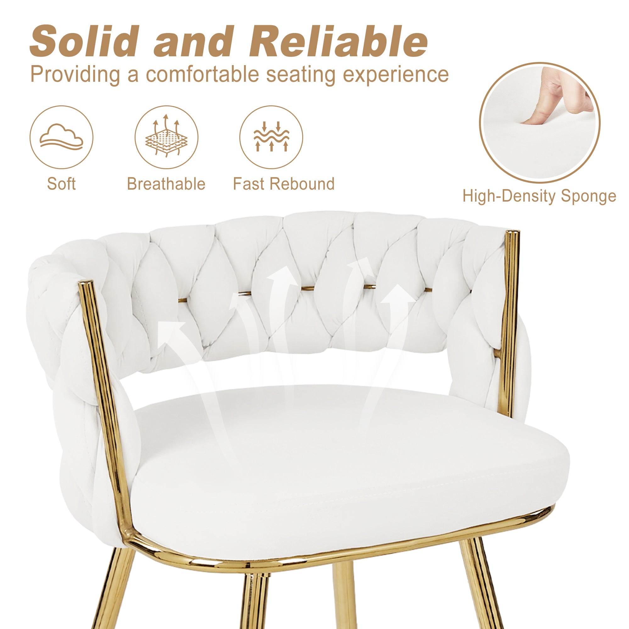 VECELO Modern Braided Bar Stools Set of 4 – Velvet Counter Height Stools with Woven Back Support & Footrest, Heavy-Duty Metal Frame Bar Chairs for Kitchen Island,White