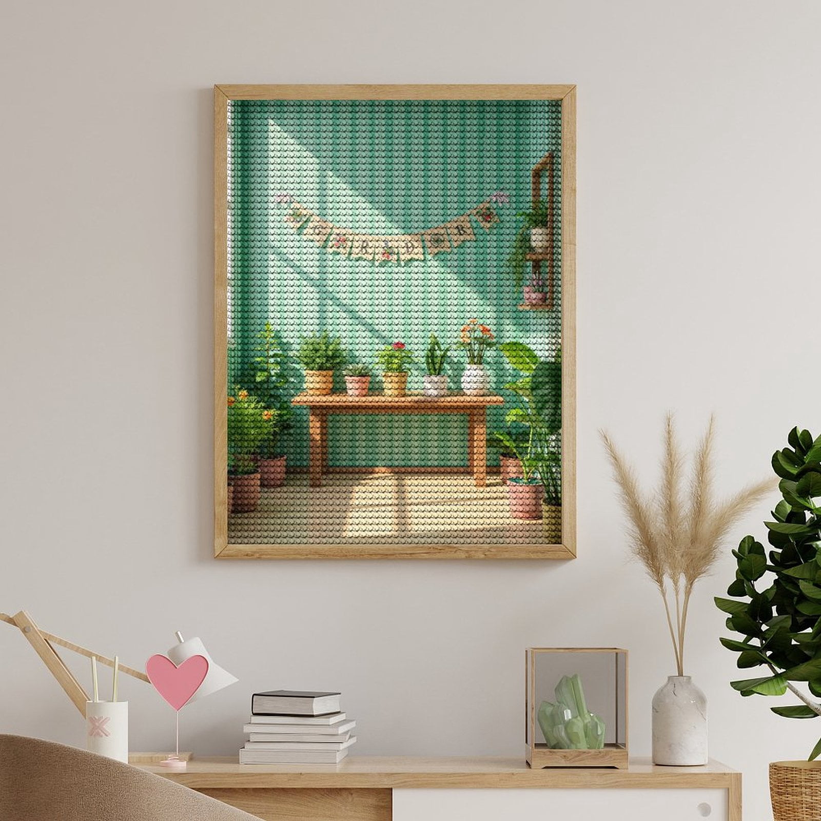 Diamond Art Kits for Adults, Indoor Plant Arrangement Striped Wall 5D Diamond Painting Kits for Adults Beginners, DIY Full Drill Diamond Painting, Gem Art and Crafts 12x16