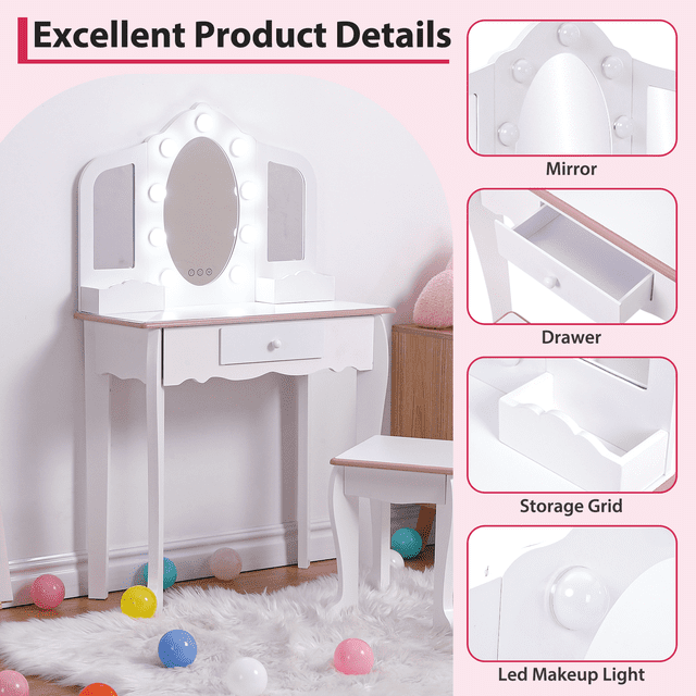 GloryStar Coiffeuse pour Enfants avec Miroir Ovale Éclairé