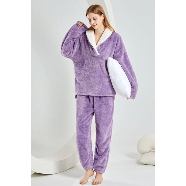 Pijama de mujer independiente de invierno con cuello en V y manga larga engrosada