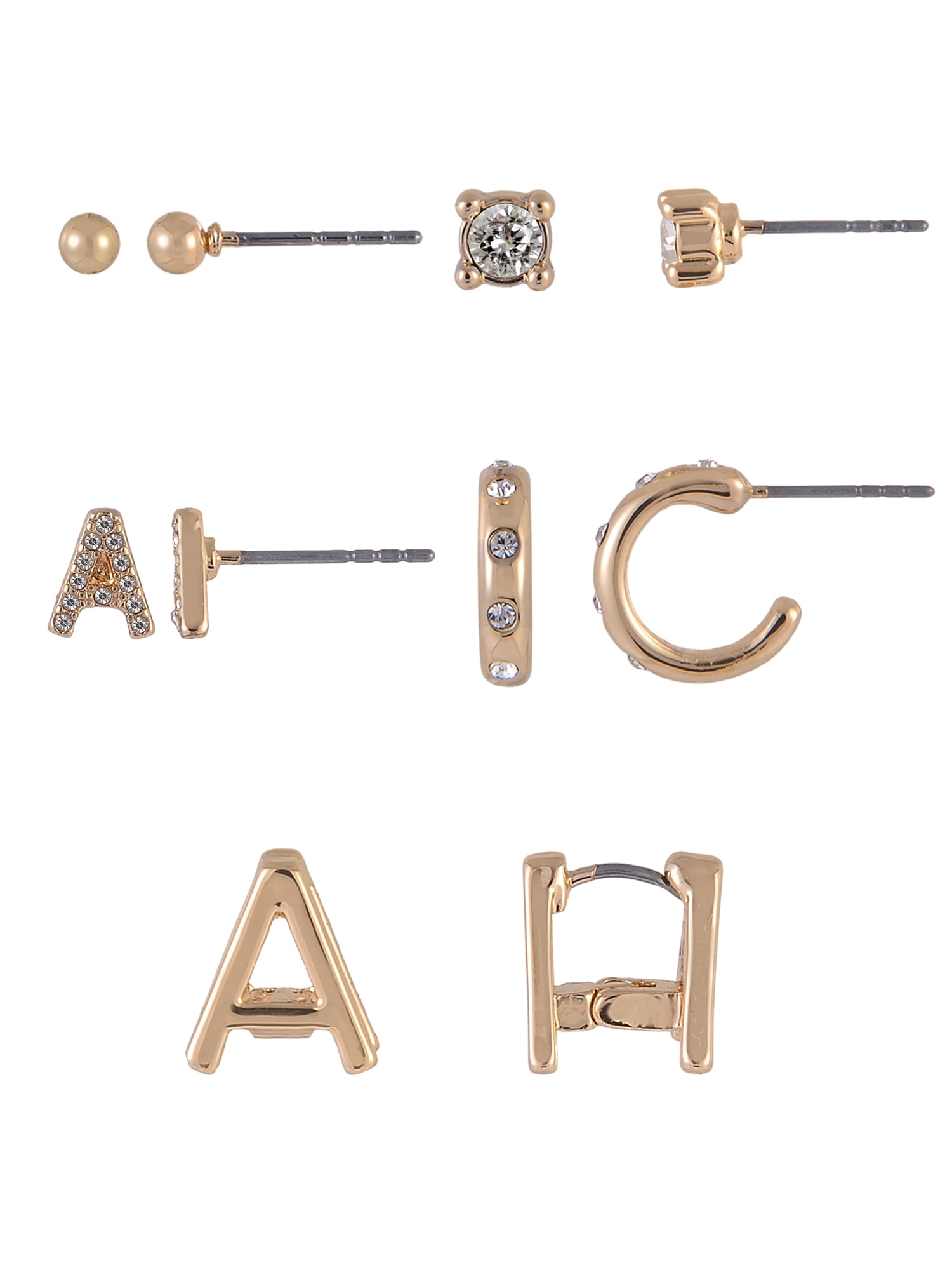 Time and Tru Goldtone 5pc Crystal Studs Hoop Initial "A"Earring Set
