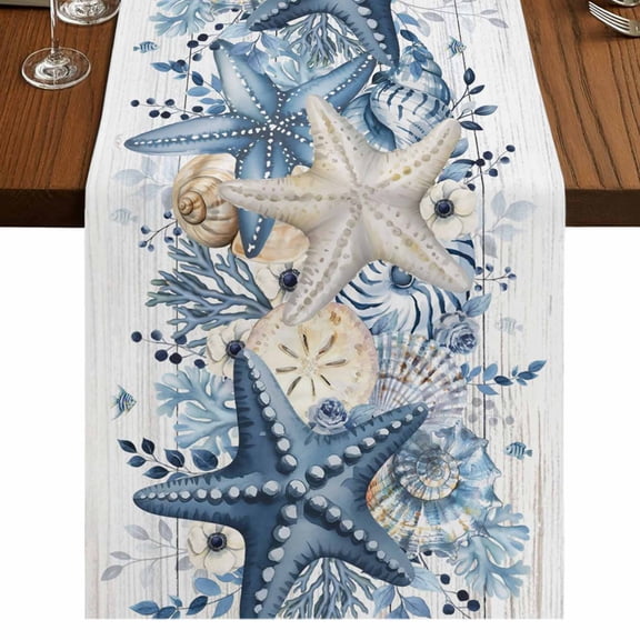 Blue Coastal Starfish Burlap Cotton Table Runner 14x72 Inches Long, Beach Nautical Shell Eucalyptus Wooden Farmhouse Table Runners, Outdoor Dining Tablecloths Decor for Baby Shower/Party/Wedding