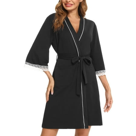 

Women Robe Lace Trim 3/4 Sleeve V-Neck Open Front Kimono Bathrobe with Pockets