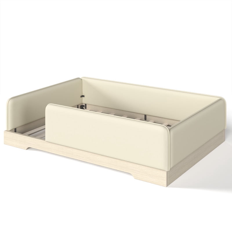 Full Size Faux Leather Upholstered Floor Bed, Kids Montessori Bed Frame with Removable Guardrail, Low Profile Platform Bed