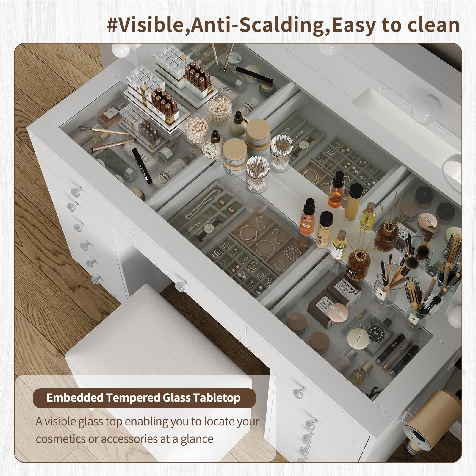 Yanosaku Vanity Desk with 13 Drawers, Glass Top, LED Lighting, Mirror, and Power Outlet