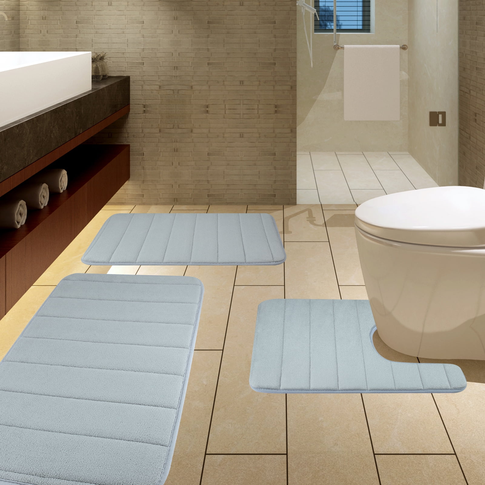 Aisaving 3pcs Non Slip Bath Mat Set Super Soft Pedestal and Bath Rug Memory Foam Pebble Shower Mat Quick Drying Bathroom Mat Carpet,U-Shaped Contour