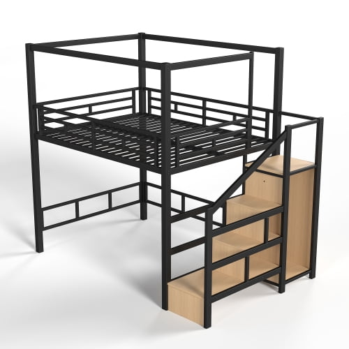 Full Size Metal Loft Bed with Storage Stairs, Built-in Wardrobe, Canopy Frame, LED Light, and Ample Underbed Space, Black