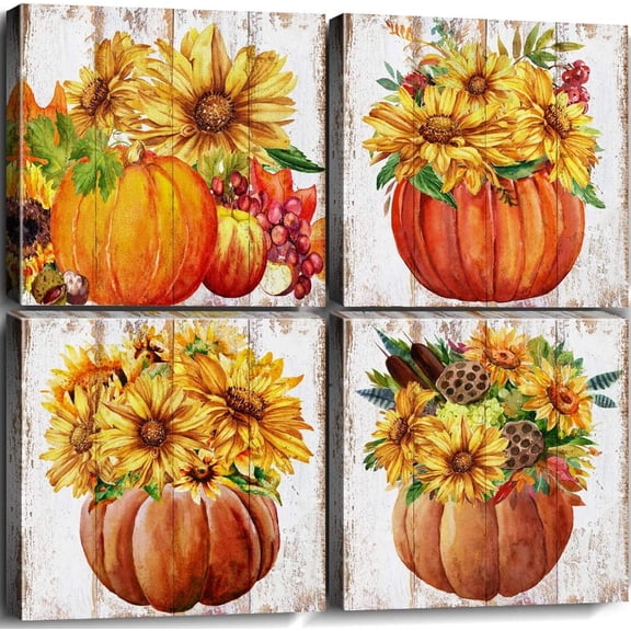 Colourful Sunflower Pumpkin Figure Wall Art Decor Modern Painting Wooden Framework Poster Pictures Print Living Room Home Office Kitchen Bathroom Decoration 16 x 16 Inch 4 Panels