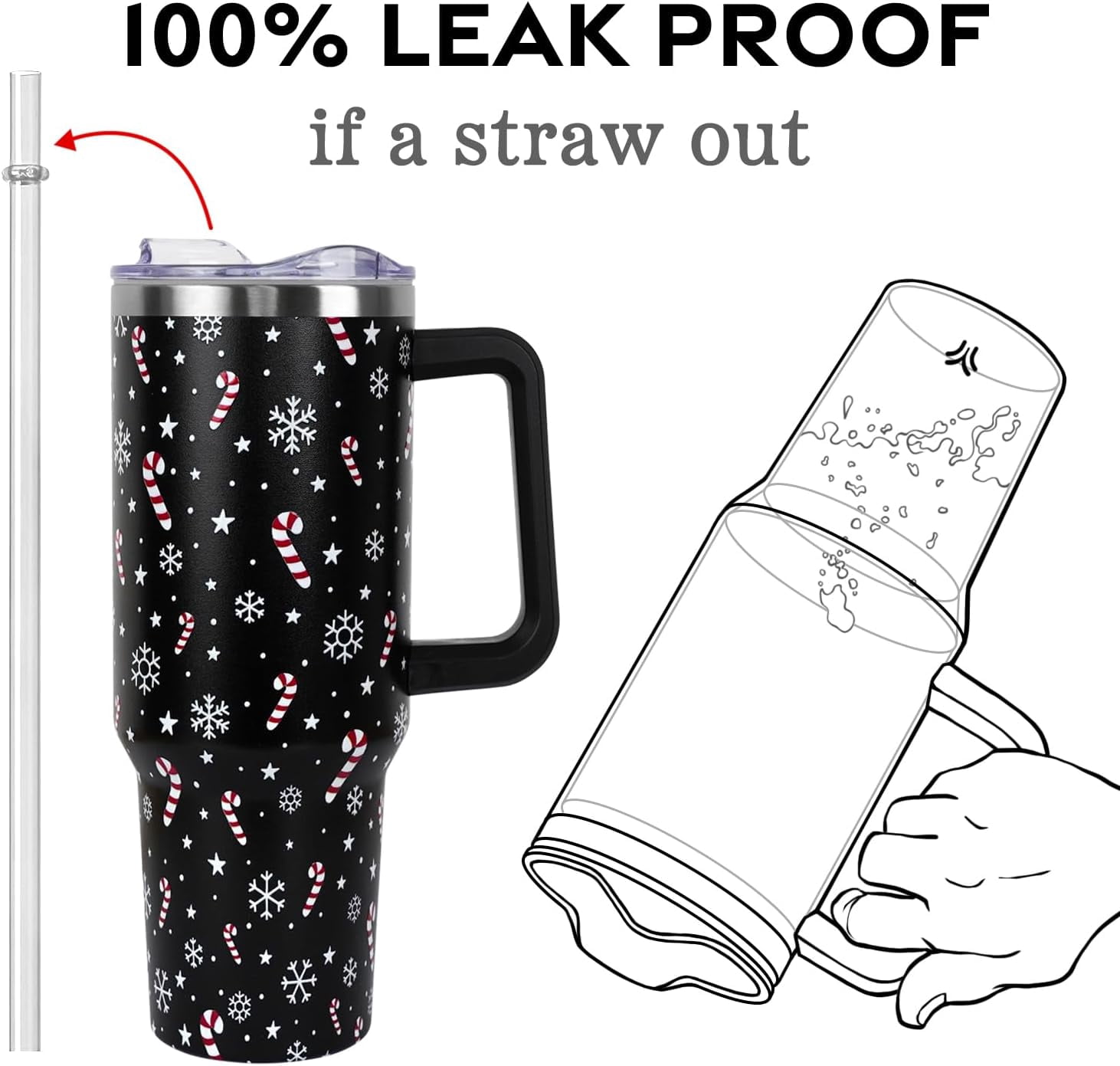 Christmas Tumbler with Handle and Straw Lid 40 oz,Cute Christmas Gifts for Women Candy Cane Snowflakes Vacuum Insulated Leak Proof Tumbler,Winter Holiday Accessories Stainless Steel Coffee Cup Mug