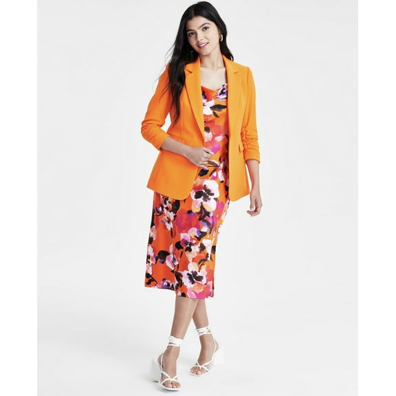 Bar III Women's Ruched 3/4-Sleeve One-Button Blazer Tangerine Size XXL