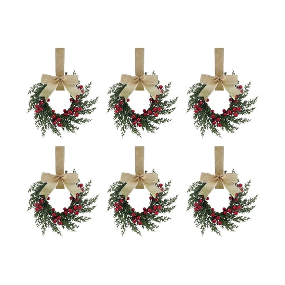 6Pcs Mini Christmas Wreaths for Cabinets, Small Wreaths for Kitchen Cabinet with Buffalo Plaid Bow Ribbon Cedar Artificial Red Berries for Xmas Window Door Window Fireplace Table Farmhouse Decor