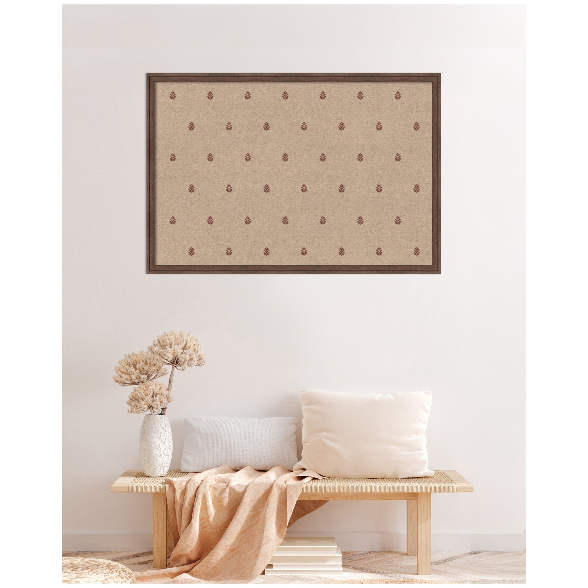 Kate and Laurel Framed Fabric Pinboard 38 x 26, Red Botanical Block Print Printed Linen Classic Bulletin Board for Use as a Vision Board or Wall Organization, Florence Medium Brown Frame