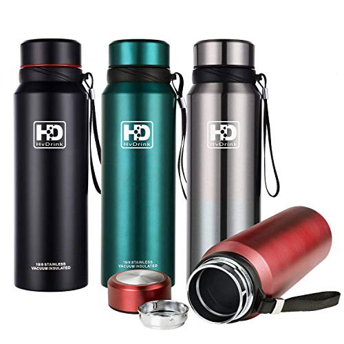 Bouteille d'Eau Isotherme en Acier Inoxydable à Grand Goulot, Contenant Isotherme sous Vide avec Filtre Intégré, Capuchon Étanche et Sangle, Idée pour Boire à la Maison, au Bureau, au Gym, à Vélo, en Voyage, en Camping (Noir 37 oz)