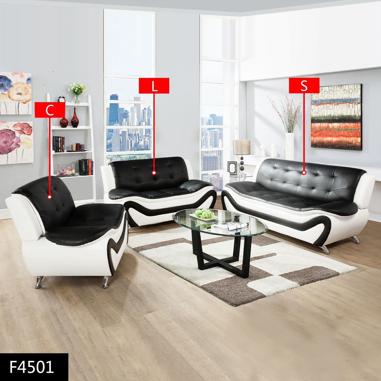 Beverly Fine Furniture Sydney Bold Faux Leather Living Room Sofa Set- Black & White - 3 Piece