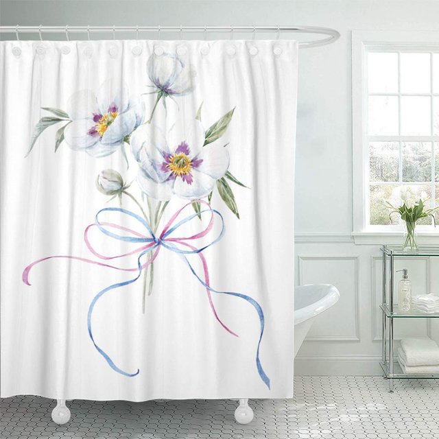 ABPHQTO Banda colorida acuarela peonías blancas Floral delicada cinta de seda lazo verde cortina de ducha de baño 165x180 cm ABPHQTO PKNMT66x72Shower-325