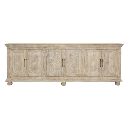 Athena 6-Door Sideboard in Distressed White Traditional Carving on Solid Wood